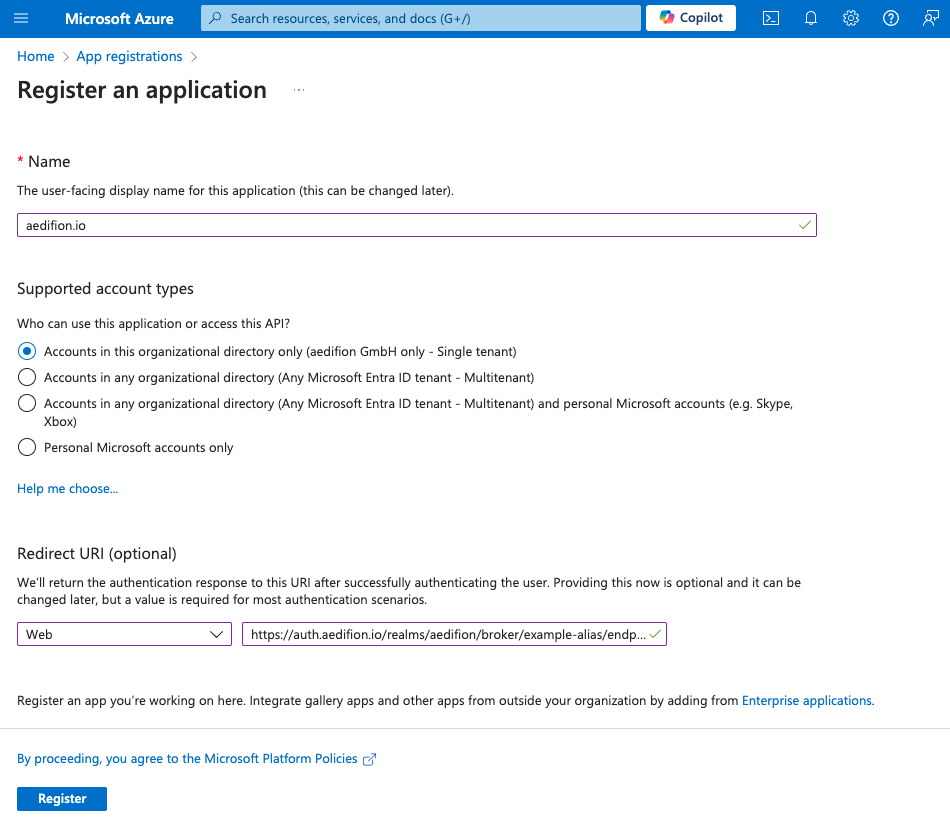 Provide infos for app registration